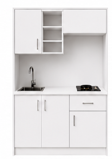 Intrahome Studio135Airbnb07 Πολυκουζινάκι 123cm, ύψος 220cm, βάθος 50cm, λευκή μελαμίνη 16mm, πάγκος 32mm, μικρή inox γούρνα αριστερά, εστία 2 ματιών δεξιά, σχέδιο Airbnb. Intrahome-polikou87646711