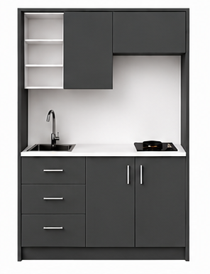 Intrahome Studio135Classic01 Πολυκουζινάκι 123cm, ύψος 220cm, βάθος 50cm, ανθρακί μοριοσανίδα 16mm, πάγκος 32mm, μικρή inox γούρνα αριστερά, εστία 2 ματιών δεξιά, σχέδιο Classic. Intrahome-polikou1287646261