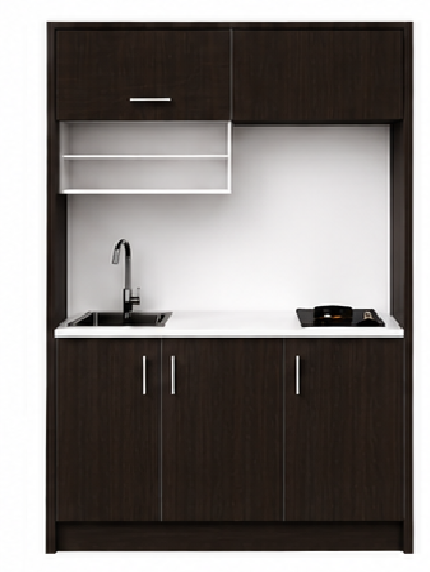 Intrahome Studio135Classic01 Πολυκουζινάκι 128cm, ύψος 205cm, βάθος 50cm, wenge μοριοσανίδα 16mm, πάγκος 32mm, μικρή inox γούρνα αριστερά, εστία 2 ματιών δεξιά, σχέδιο Classic. Intrahome-polikou3387646283