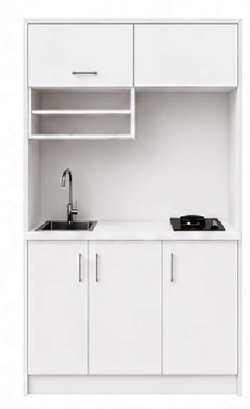 Intrahome Studio135Classic01 Πολυκουζινάκι 123cm, ύψος 220cm, βάθος 50cm, λευκή μελαμίνη 16mm, πάγκος 32mm, μικρή inox γούρνα αριστερά, εστία 2 ματιών δεξιά, σχέδιο Classic. Intrahome-polikou87646261