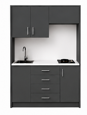 Intrahome Studio135Compact05 Πολυκουζινάκι 123cm, ύψος 220cm, βάθος 50cm, ανθρακί μοριοσανίδα 16mm, πάγκος 32mm, μικρή inox γούρνα αριστερά, εστία 2 ματιών δεξιά, σχέδιο Compact. Intrahome-polikou1287646561