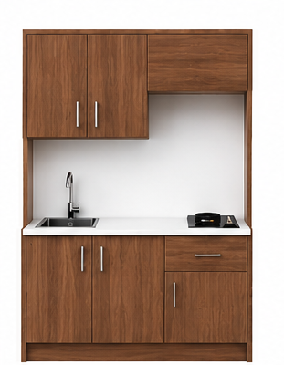 Intrahome Studio135Compact05 Πολυκουζινάκι 123cm, ύψος 220cm, βάθος 50cm, καρυδι μοριοσανίδα 16mm, πάγκος 32mm, μικρή inox γούρνα αριστερά, εστία 2 ματιών δεξιά, σχέδιο Compact. Intrahome-polikou2287646561