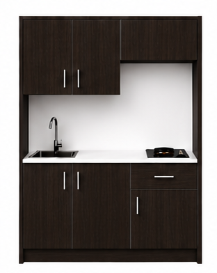 Intrahome Studio135Compact05 Πολυκουζινάκι 128cm, ύψος 205cm, βάθος 50cm, wenge μοριοσανίδα 16mm, πάγκος 32mm, μικρή inox γούρνα αριστερά, εστία 2 ματιών δεξιά, σχέδιο Compact. Intrahome-polikou3387646583