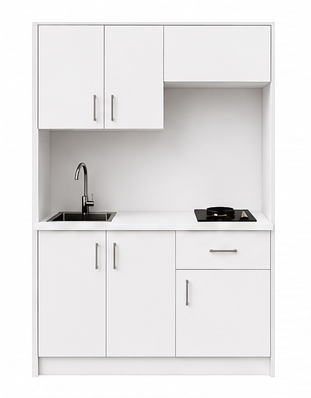 Intrahome Studio135Compact05 Πολυκουζινάκι 123cm, ύψος 220cm, βάθος 50cm, λευκή μελαμίνη 16mm, πάγκος 32mm, μικρή inox γούρνα αριστερά, εστία 2 ματιών δεξιά, σχέδιο Compact. Intrahome-polikou87646561