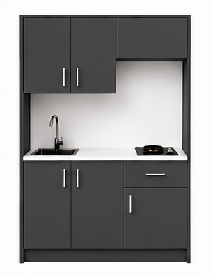 Intrahome Studio135Drawer03 Πολυκουζινάκι 123cm, ύψος 220cm, βάθος 50cm, ανθρακί μοριοσανίδα 16mm, πάγκος 32mm, μικρή inox γούρνα αριστερά, εστία 2 ματιών δεξιά, σχέδιο Drawer. Intrahome-polikou1287646411