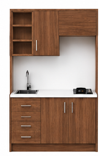 Intrahome Studio135Drawer03 Πολυκουζινάκι 123cm, ύψος 220cm, βάθος 50cm, καρυδι μοριοσανίδα 16mm, πάγκος 32mm, μικρή inox γούρνα αριστερά, εστία 2 ματιών δεξιά, σχέδιο Drawer. Intrahome-polikou2287646411