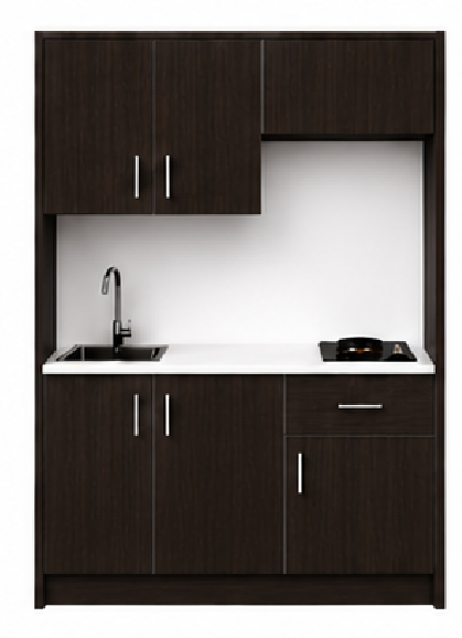 Intrahome Studio135Drawer03 Πολυκουζινάκι 128cm, ύψος 205cm, βάθος 50cm, wenge μοριοσανίδα 16mm, πάγκος 32mm, μικρή inox γούρνα αριστερά, εστία 2 ματιών δεξιά, σχέδιο Drawer. Intrahome-polikou3387646433