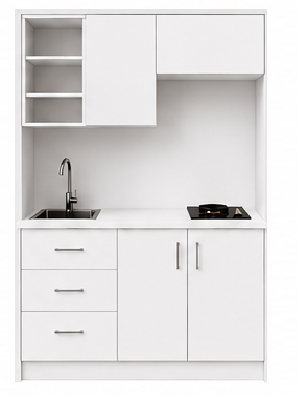 Intrahome Studio135Drawer03 Πολυκουζινάκι 123cm, ύψος 220cm, βάθος 50cm, λευκή μελαμίνη 16mm, πάγκος 32mm, μικρή inox γούρνα αριστερά, εστία 2 ματιών δεξιά, σχέδιο Drawer. Intrahome-polikou87646411