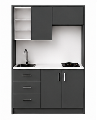 Intrahome Studio135Elite11 Πολυκουζινάκι 123cm, ύψος 220cm, βάθος 50cm, ανθρακί μοριοσανίδα 16mm, πάγκος 32mm, μικρή inox γούρνα αριστερά, εστία 2 ματιών δεξιά, σχέδιο Elite. Intrahome-polikou1287647011