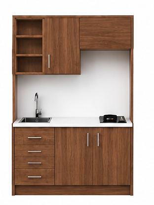 Intrahome Studio135Elite11 Πολυκουζινάκι 128cm, ύψος 205cm, βάθος 50cm, καρυδι μοριοσανίδα 16mm, πάγκος 32mm, μικρή inox γούρνα αριστερά, εστία 2 ματιών δεξιά, σχέδιο Elite. Intrahome-polikou2287647033