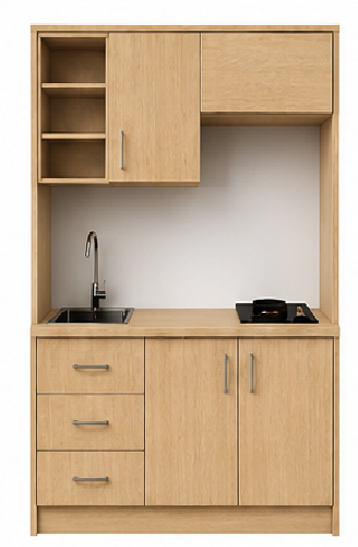 Intrahome Studio135Elite11 Πολυκουζινάκι 123cm, ύψος 220cm, βάθος 50cm, sonoma - δρυς μοριοσανίδα 16mm, πάγκος 32mm, μικρή inox γούρνα αριστερά, εστία 2 ματιών δεξιά, σχέδιο Elite. Intrahome-polikou6587647011