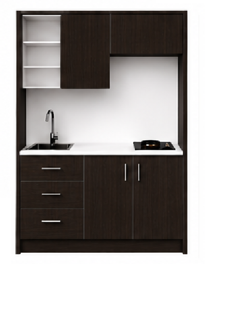 Intrahome Studio135Elite11 Πολυκουζινάκι 121cm, ύψος 220cm, βάθος 50cm, wenge μοριοσανίδα 16mm, πάγκος 32mm, μικρή inox γούρνα αριστερά, εστία 2 ματιών δεξιά, σχέδιο Elite. Intrahome-polikou3387647001