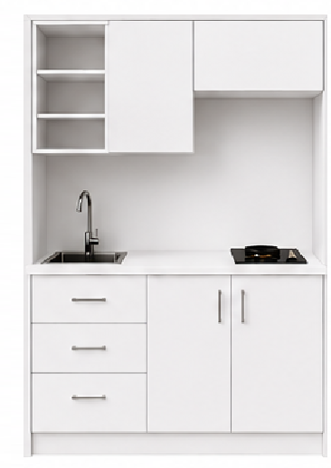 Intrahome Studio135Elite11 Πολυκουζινάκι 123cm, ύψος 220cm, βάθος 50cm, λευκή μελαμίνη 16mm, πάγκος 32mm, μικρή inox γούρνα αριστερά, εστία 2 ματιών δεξιά, σχέδιο Elite. Intrahome-polikou87647011