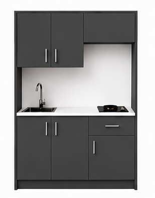 Intrahome Studio135Flex10 Πολυκουζινάκι 123cm, ύψος 220cm, βάθος 50cm, ανθρακί μοριοσανίδα 16mm, πάγκος 32mm, μικρή inox γούρνα αριστερά, εστία 2 ματιών δεξιά, σχέδιο Flex. Intrahome-polikou1287646936