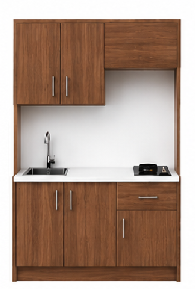 Intrahome Studio135Flex10 Πολυκουζινάκι 128cm, ύψος 205cm, βάθος 50cm, καρυδι μοριοσανίδα 16mm, πάγκος 32mm, μικρή inox γούρνα αριστερά, εστία 2 ματιών δεξιά, σχέδιο Flex. Intrahome-polikou2287646958