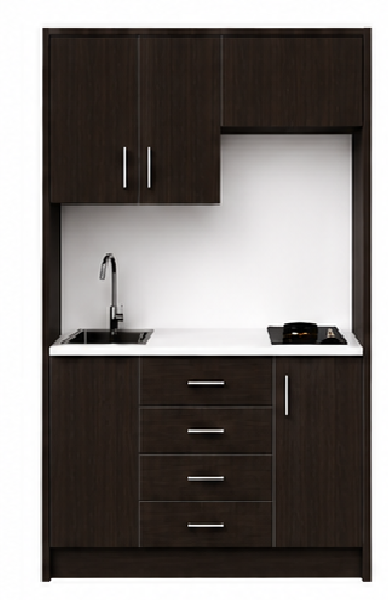Intrahome Studio135Flex10 Πολυκουζινάκι 121cm, ύψος 220cm, βάθος 50cm, wenge μοριοσανίδα 16mm, πάγκος 32mm, μικρή inox γούρνα αριστερά, εστία 2 ματιών δεξιά, σχέδιο Flex. Intrahome-polikou3387646926