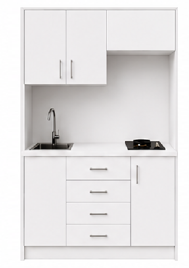 Intrahome Studio135Flex10 Πολυκουζινάκι 123cm, ύψος 220cm, βάθος 50cm, λευκή μελαμίνη 16mm, πάγκος 32mm, μικρή inox γούρνα αριστερά, εστία 2 ματιών δεξιά, σχέδιο Flex. Intrahome-polikou87646936