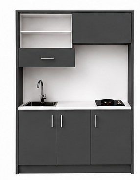 Intrahome Studio135Max08 Πολυκουζινάκι 123cm, ύψος 220cm, βάθος 50cm, ανθρακί μοριοσανίδα 16mm, πάγκος 32mm, μικρή inox γούρνα αριστερά, εστία 2 ματιών δεξιά, σχέδιο Max. Intrahome-polikou1287646786