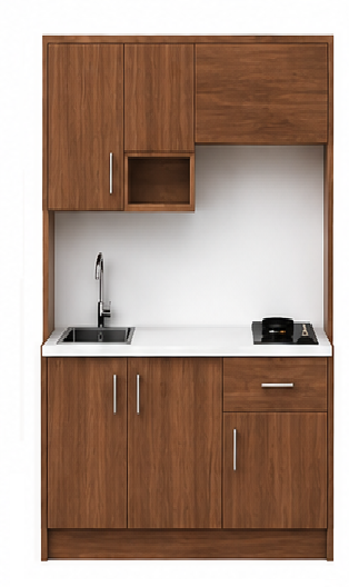 Intrahome Studio135Max08 Πολυκουζινάκι 128cm, ύψος 205cm, βάθος 50cm, καρυδι μοριοσανίδα 16mm, πάγκος 32mm, μικρή inox γούρνα αριστερά, εστία 2 ματιών δεξιά, σχέδιο Max. Intrahome-polikou2287646808