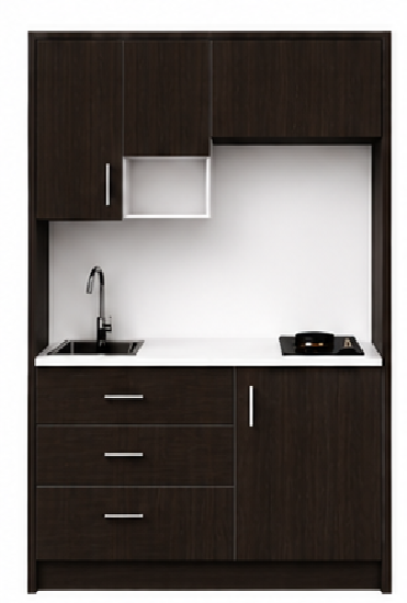 Intrahome Studio135Max08 Πολυκουζινάκι 128cm, ύψος 205cm, βάθος 50cm, wenge μοριοσανίδα 16mm, πάγκος 32mm, μικρή inox γούρνα αριστερά, εστία 2 ματιών δεξιά, σχέδιο Max. Intrahome-polikou3387646808