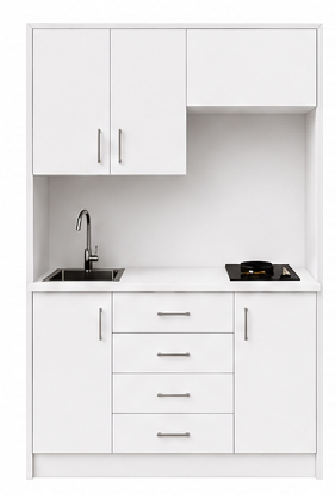 Intrahome Studio135Max08 Πολυκουζινάκι 123cm, ύψος 220cm, βάθος 50cm, λευκή μελαμίνη 16mm, πάγκος 32mm, μικρή inox γούρνα αριστερά, εστία 2 ματιών δεξιά, σχέδιο Max. Intrahome-polikou87646786