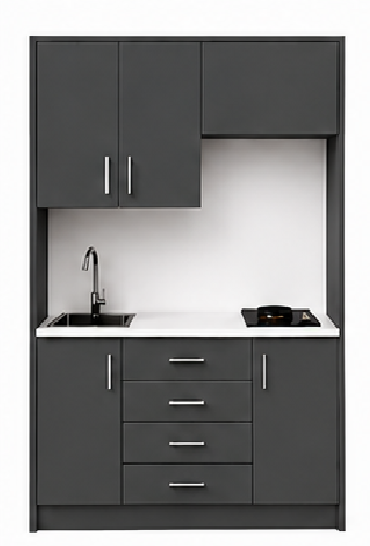 Intrahome Studio135Plus06 Πολυκουζινάκι 123cm, ύψος 220cm, βάθος 50cm, ανθρακί μοριοσανίδα 16mm, πάγκος 32mm, μικρή inox γούρνα αριστερά, εστία 2 ματιών δεξιά, σχέδιο Plus. Intrahome-polikou1287646636