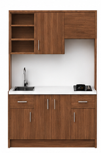 Intrahome Studio135Plus06 Πολυκουζινάκι 123cm, ύψος 220cm, βάθος 50cm, καρυδι μοριοσανίδα 16mm, πάγκος 32mm, μικρή inox γούρνα αριστερά, εστία 2 ματιών δεξιά, σχέδιο Plus. Intrahome-polikou2287646636