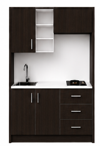 Intrahome Studio135Plus06 Πολυκουζινάκι 128cm, ύψος 205cm, βάθος 50cm, wenge μοριοσανίδα 16mm, πάγκος 32mm, μικρή inox γούρνα αριστερά, εστία 2 ματιών δεξιά, σχέδιο Plus. Intrahome-polikou3387646658