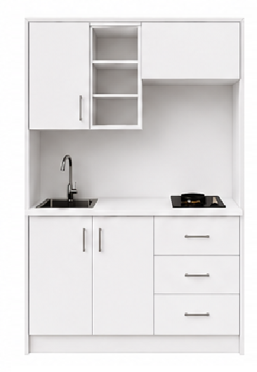 Intrahome Studio135Plus06 Πολυκουζινάκι 123cm, ύψος 220cm, βάθος 50cm, λευκή μελαμίνη 16mm, πάγκος 32mm, μικρή inox γούρνα αριστερά, εστία 2 ματιών δεξιά, σχέδιο Plus. Intrahome-polikou87646636