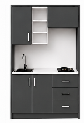 Intrahome Studio135Prime09 Πολυκουζινάκι 123cm, ύψος 220cm, βάθος 50cm, ανθρακί μοριοσανίδα 16mm, πάγκος 32mm, μικρή inox γούρνα αριστερά, εστία 2 ματιών δεξιά, σχέδιο Prime. Intrahome-polikou1287646861