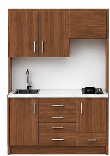 Intrahome Studio135Prime09 Πολυκουζινάκι 128cm, ύψος 205cm, βάθος 50cm, καρυδι μοριοσανίδα 16mm, πάγκος 32mm, μικρή inox γούρνα αριστερά, εστία 2 ματιών δεξιά, σχέδιο Prime. Intrahome-polikou2287646883