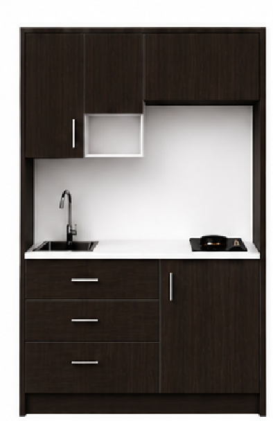 Intrahome Studio135Prime09 Πολυκουζινάκι 128cm, ύψος 205cm, βάθος 50cm, wenge μοριοσανίδα 16mm, πάγκος 32mm, μικρή inox γούρνα αριστερά, εστία 2 ματιών δεξιά, σχέδιο Prime. Intrahome-polikou3387646883