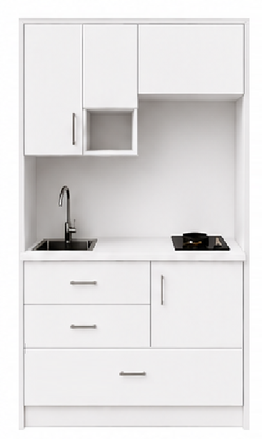 Intrahome Studio135Prime09 Πολυκουζινάκι 123cm, ύψος 220cm, βάθος 50cm, λευκή μελαμίνη 16mm, πάγκος 32mm, μικρή inox γούρνα αριστερά, εστία 2 ματιών δεξιά, σχέδιο Prime. Intrahome-polikou87646861