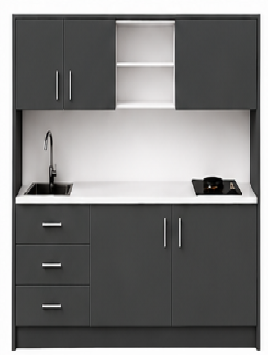 Intrahome Studio135Pro12 Πολυκουζινάκι 123cm, ύψος 220cm, βάθος 50cm, ανθρακί μοριοσανίδα 16mm, πάγκος 32mm, μικρή inox γούρνα αριστερά, εστία 2 ματιών δεξιά, σχέδιο Pro. Intrahome-polikou1287647086