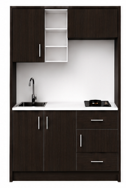 Intrahome Studio135Pro12 Πολυκουζινάκι 121cm, ύψος 220cm, βάθος 50cm, wenge μοριοσανίδα 16mm, πάγκος 32mm, μικρή inox γούρνα αριστερά, εστία 2 ματιών δεξιά, σχέδιο Pro. Intrahome-polikou3387647076