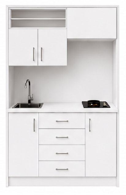Intrahome Studio135Pro12 Πολυκουζινάκι 123cm, ύψος 220cm, βάθος 50cm, λευκή μελαμίνη 16mm, πάγκος 32mm, μικρή inox γούρνα αριστερά, εστία 2 ματιών δεξιά, σχέδιο Pro. Intrahome-polikou87647086
