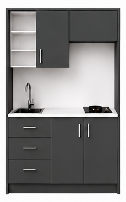 Intrahome Studio135Smart04 Πολυκουζινάκι 123cm, ύψος 220cm, βάθος 50cm, ανθρακί μοριοσανίδα 16mm, πάγκος 32mm, μικρή inox γούρνα αριστερά, εστία 2 ματιών δεξιά, σχέδιο Smart. Intrahome-polikou1287646486