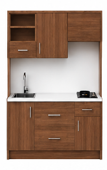 Intrahome Studio135Smart04 Πολυκουζινάκι 123cm, ύψος 220cm, βάθος 50cm, καρυδι μοριοσανίδα 16mm, πάγκος 32mm, μικρή inox γούρνα αριστερά, εστία 2 ματιών δεξιά, σχέδιο Smart. Intrahome-polikou2287646486