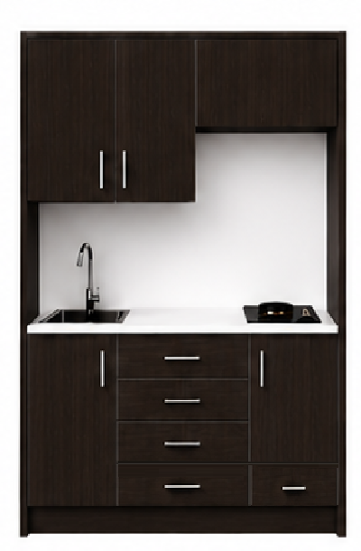 Intrahome Studio135Smart04 Πολυκουζινάκι 128cm, ύψος 205cm, βάθος 50cm, wenge μοριοσανίδα 16mm, πάγκος 32mm, μικρή inox γούρνα αριστερά, εστία 2 ματιών δεξιά, σχέδιο Smart. Intrahome-polikou3387646508