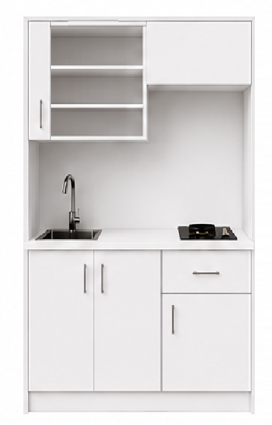 Intrahome Studio135Smart04 Πολυκουζινάκι 123cm, ύψος 220cm, βάθος 50cm, λευκή μελαμίνη 16mm, πάγκος 32mm, μικρή inox γούρνα αριστερά, εστία 2 ματιών δεξιά, σχέδιο Smart. Intrahome-polikou87646486