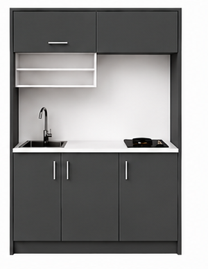 Intrahome Studio135Storage02 Πολυκουζινάκι 123cm, ύψος 220cm, βάθος 50cm, ανθρακί μοριοσανίδα 16mm, πάγκος 32mm, μικρή inox γούρνα αριστερά, εστία 2 ματιών δεξιά, σχέδιο Storage. Intrahome-polikou1287646336