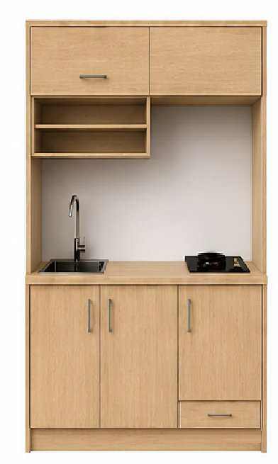 Intrahome Studio135Storage02 Πολυκουζινάκι 123cm, ύψος 220cm, βάθος 50cm, sonoma - δρυς μοριοσανίδα 16mm, πάγκος 32mm, μικρή inox γούρνα αριστερά, εστία 2 ματιών δεξιά, σχέδιο Storage. Intrahome-polikou6587646336