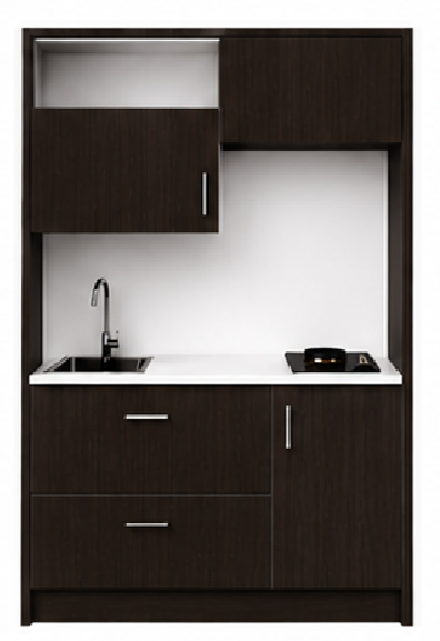 Intrahome Studio135Storage02 Πολυκουζινάκι 128cm, ύψος 205cm, βάθος 50cm, wenge μοριοσανίδα 16mm, πάγκος 32mm, μικρή inox γούρνα αριστερά, εστία 2 ματιών δεξιά, σχέδιο Storage. Intrahome-polikou3387646358