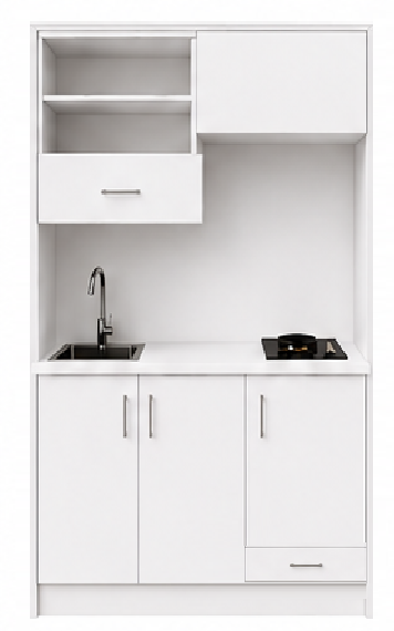 Intrahome Studio135Storage02 Πολυκουζινάκι 123cm, ύψος 220cm, βάθος 50cm, λευκή μελαμίνη 16mm, πάγκος 32mm, μικρή inox γούρνα αριστερά, εστία 2 ματιών δεξιά, σχέδιο Storage. Intrahome-polikou87646336