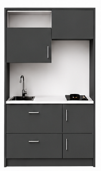 Intrahome Studio135Style13 Πολυκουζινάκι 123cm, ύψος 220cm, βάθος 50cm, ανθρακί μοριοσανίδα 16mm, πάγκος 32mm, μικρή inox γούρνα αριστερά, εστία 2 ματιών δεξιά, σχέδιο Style. Intrahome-polikou1287647161