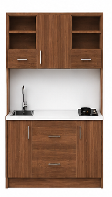 Intrahome Studio135Style13 Πολυκουζινάκι 128cm, ύψος 205cm, βάθος 50cm, καρυδι μοριοσανίδα 16mm, πάγκος 32mm, μικρή inox γούρνα αριστερά, εστία 2 ματιών δεξιά, σχέδιο Style. Intrahome-polikou2287647183