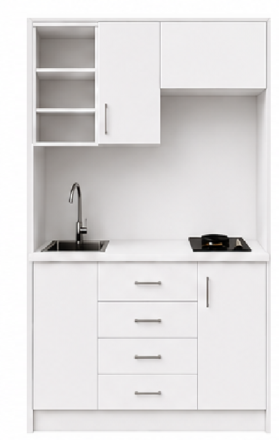 Intrahome Studio135Style13 Πολυκουζινάκι 123cm, ύψος 220cm, βάθος 50cm, λευκή μελαμίνη 16mm, πάγκος 32mm, μικρή inox γούρνα αριστερά, εστία 2 ματιών δεξιά, σχέδιο Style. Intrahome-polikou87647161