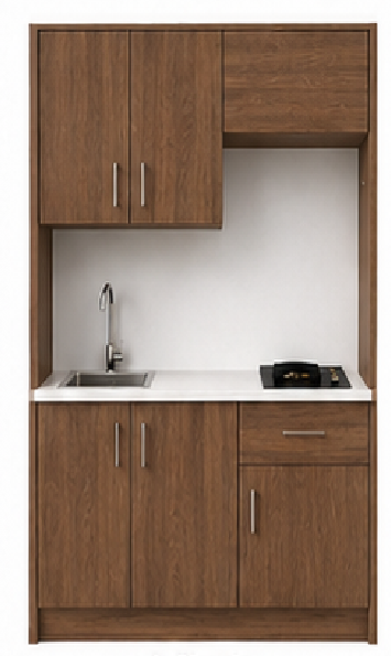 Intrahome Studio140Airbnb07 Πολυκουζινάκι 138cm, ύψος 205cm, βάθος 50cm, καρυδι μοριοσανίδα 16mm, πάγκος 32mm, μικρή inox γούρνα αριστερά, εστία 2 ματιών δεξιά, σχέδιο Airbnb. Intrahome-polikou2287647383