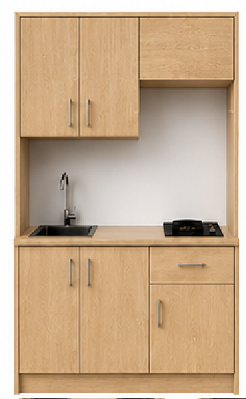 Intrahome Studio140Airbnb07 Πολυκουζινάκι 140cm, ύψος 220cm, βάθος 50cm, sonoma - δρυς μοριοσανίδα 16mm, πάγκος 32mm, μικρή inox γούρνα αριστερά, εστία 2 ματιών δεξιά, σχέδιο Airbnb. Intrahome-polikou6587647396