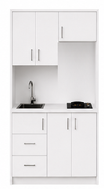 Intrahome Studio140Airbnb07 Πολυκουζινάκι 140cm, ύψος 220cm, βάθος 50cm, λευκή μελαμίνη 16mm, πάγκος 32mm, μικρή inox γούρνα αριστερά, εστία 2 ματιών δεξιά, σχέδιο Airbnb. Intrahome-polikou87647396